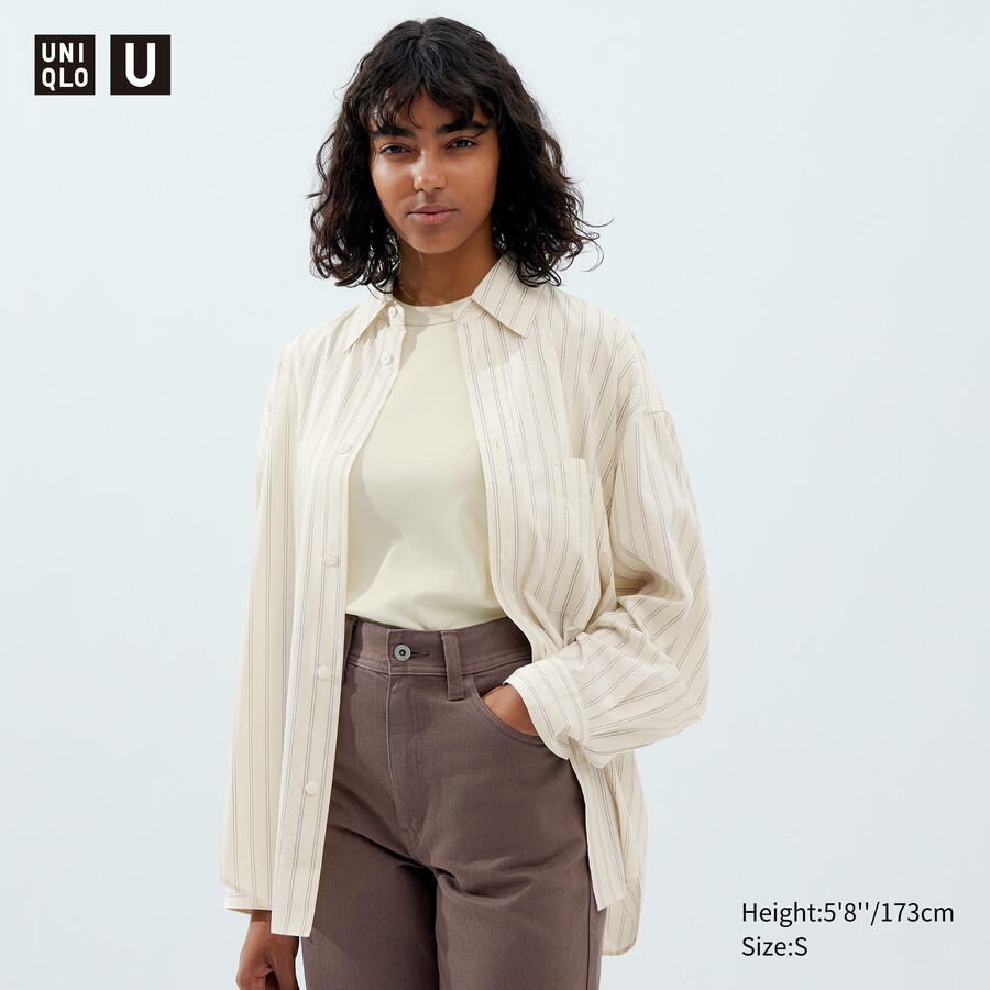Ženska bluza z drape črtastimi rokavi uniqlo bež barve