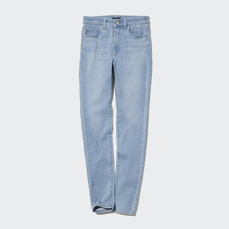 modre ženske kavbojke uniqlo ultra stretch z visokim pasom in oprijetim krojem