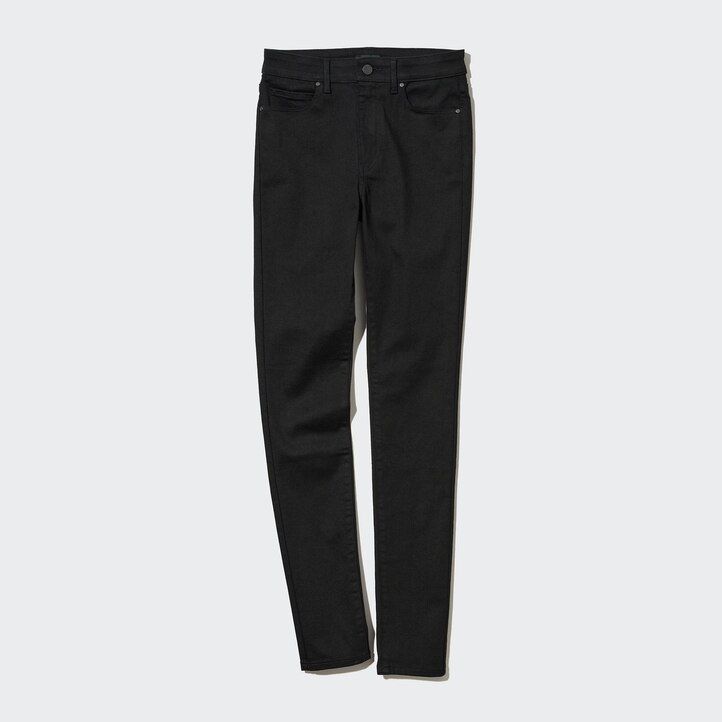 modre ženske kavbojke uniqlo ultra stretch z visokim pasom in oprijetim krojem