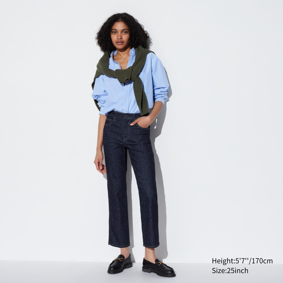 Ženske kavbojke uniqlo slim fit ravne hlače do gležnjev mornarsko modre