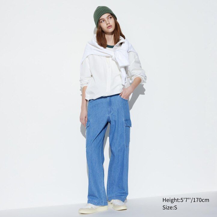 modre uniqlo denim široke ravne kavbojke legrgo ženske