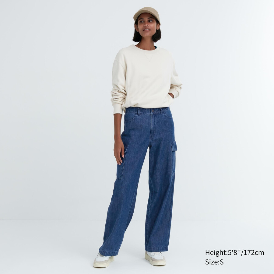 Ženske kavbojke uniqlo denim wide straight legrgo modre