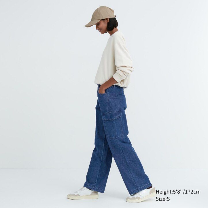 Ženske kavbojke uniqlo denim wide straight legrgo modre