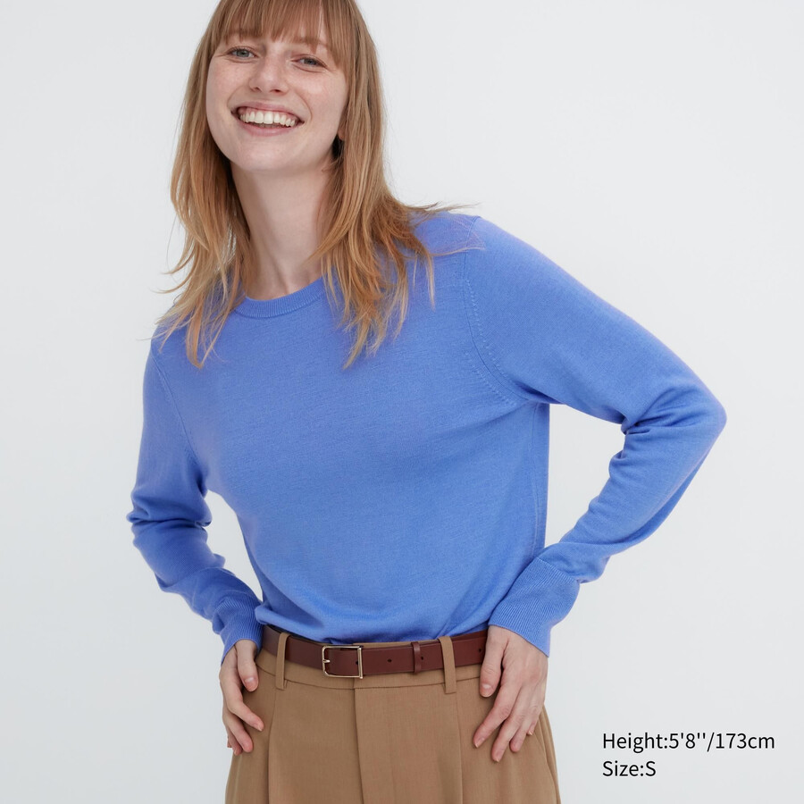 Ženski puloverji z okroglim izrezom uniqlo 100pc extra fine merino modri