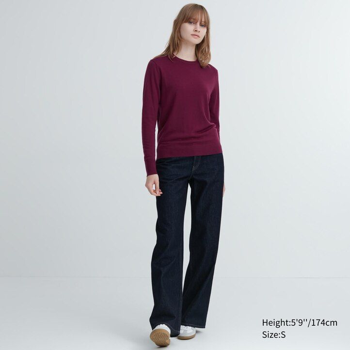 Ženski puloverji z okroglim izrezom uniqlo 100pc extra fine merino modri