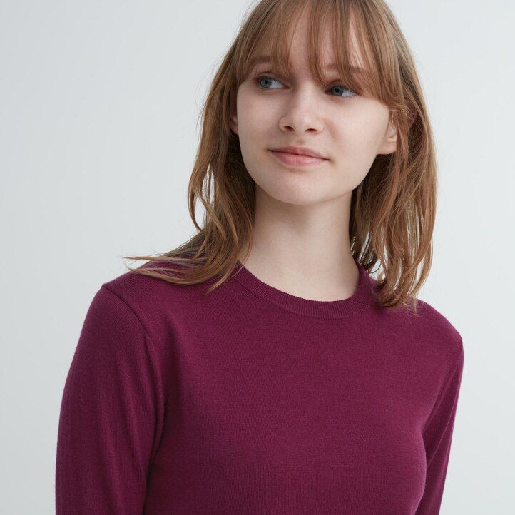 Ženski puloverji z okroglim izrezom uniqlo 100pc extra fine merino modri