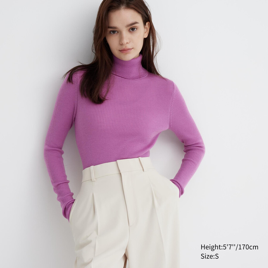 Ženski puloverji uniqlo 100pc extra fine merino z rebrastim vzorcem vijolične barve