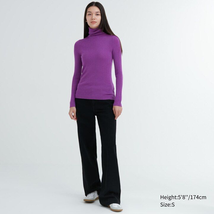 Ženski puloverji uniqlo 100pc extra fine merino z rebrastim vzorcem vijolične barve