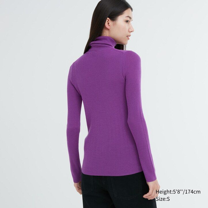 Ženski puloverji uniqlo 100pc extra fine merino z rebrastim vzorcem vijolične barve