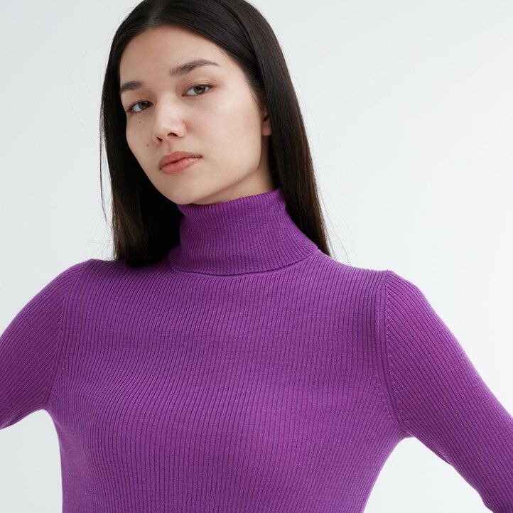 Ženski puloverji uniqlo 100pc extra fine merino z rebrastim vzorcem vijolične barve