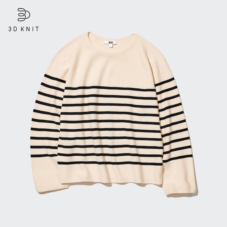 Črni puloverji uniqlo 3d pleteni brezšivni bombažno-črtasti z okroglim izrezom za ženske
