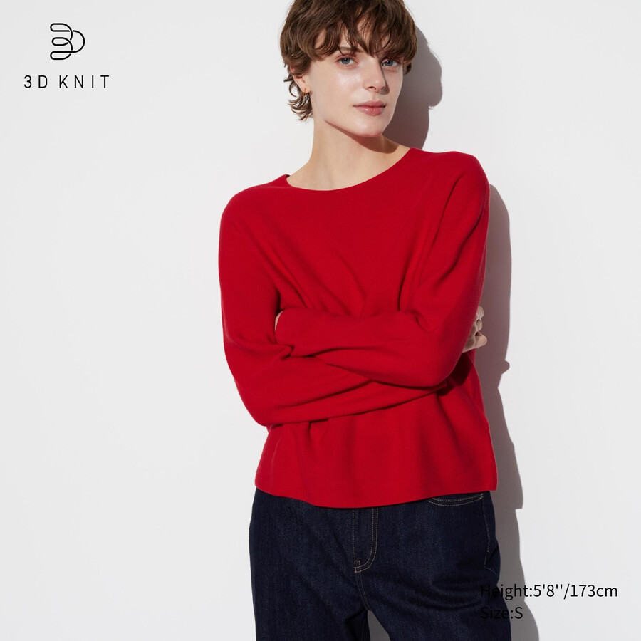 Ženski puloverji z okroglim izrezom uniqlo 3d knit brezšivni bombaž rdeče barve