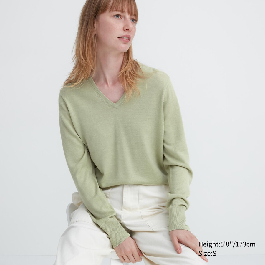 Ženski puloverji uniqlo 100pc extra fine merino z v-izrezom zeleni