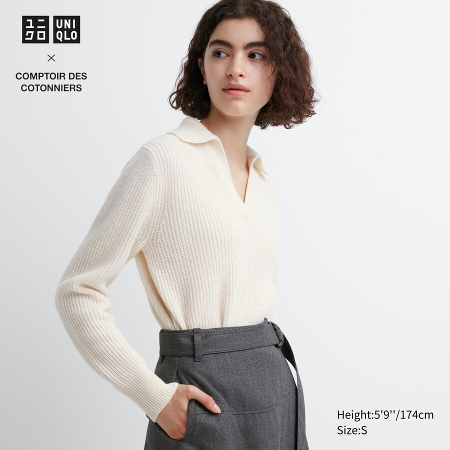 pleteni puloverji uniqlo iz jagnječje volne bele barve za ženske