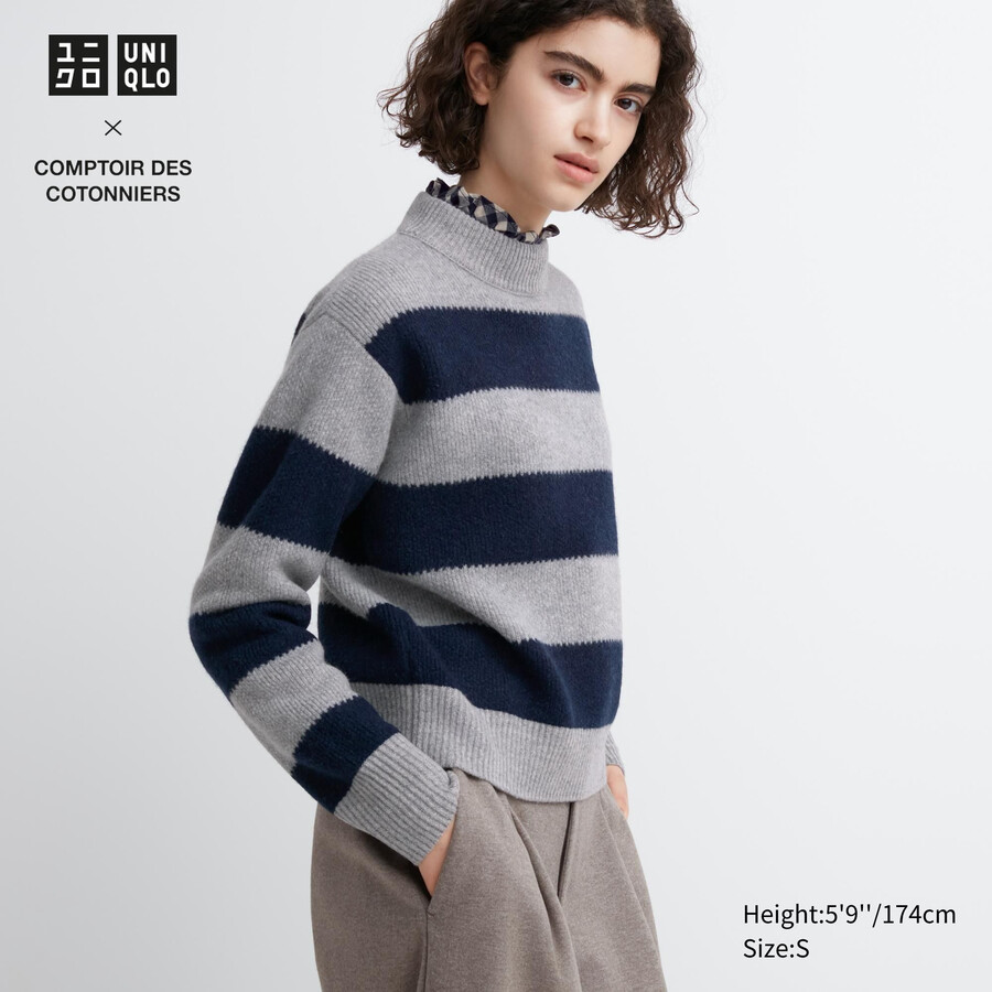 Ženski puloverji uniqlo lambswool s črtami sivi