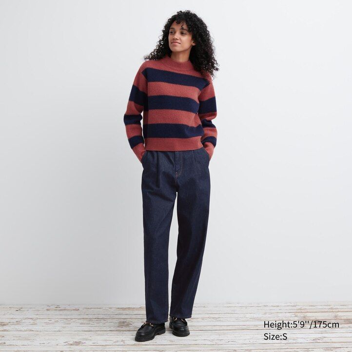 Ženski puloverji uniqlo lambswool s črtami sivi