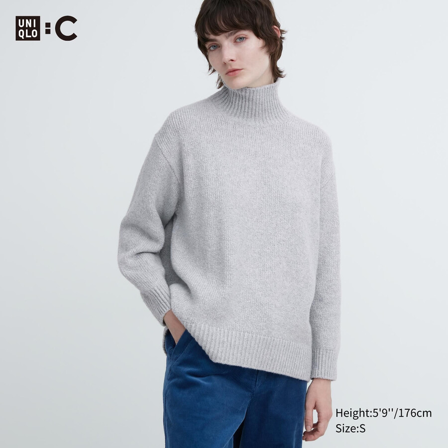 Ženski puloverji uniqlo z mehkim pletenjem in visokim ovratnikom svetlo sivi