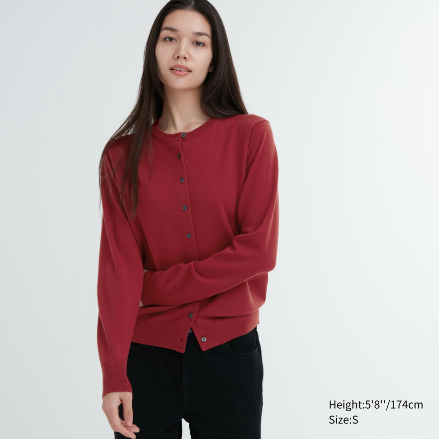 Ženski pulover z okroglim izrezom uniqlo 100pc extra fine merino rdeči