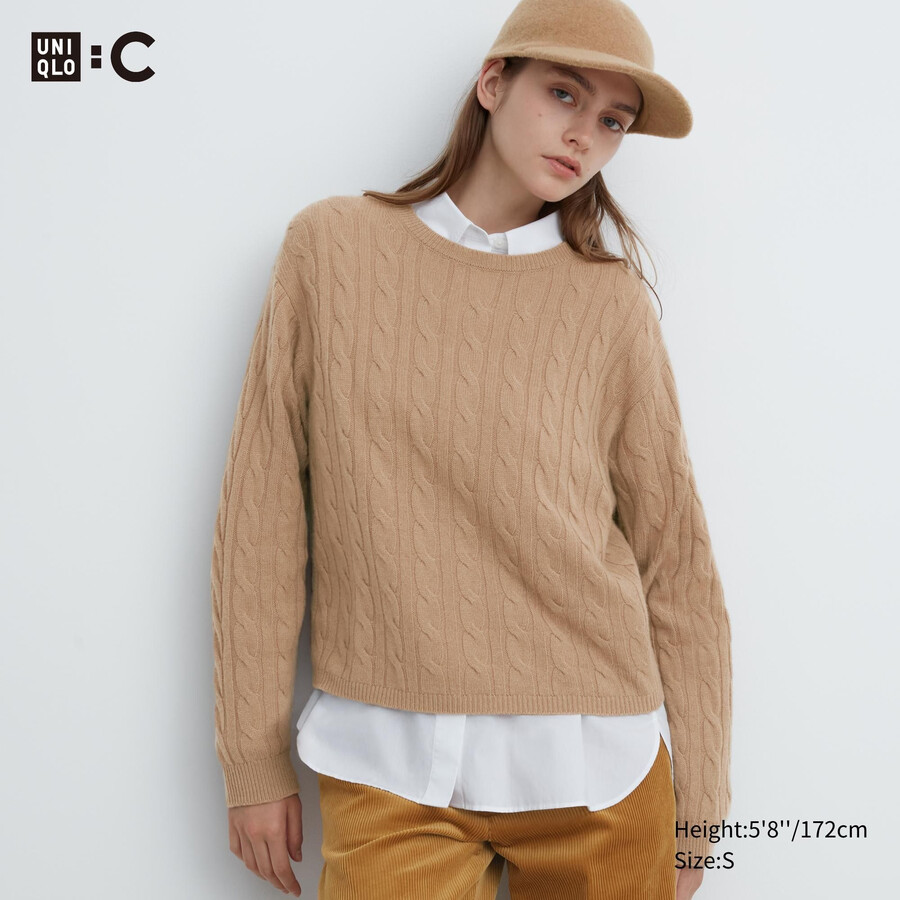 bež uniqlo 100pctshmereble pleteni skrajšani ženski puloverji z okroglim izrezom