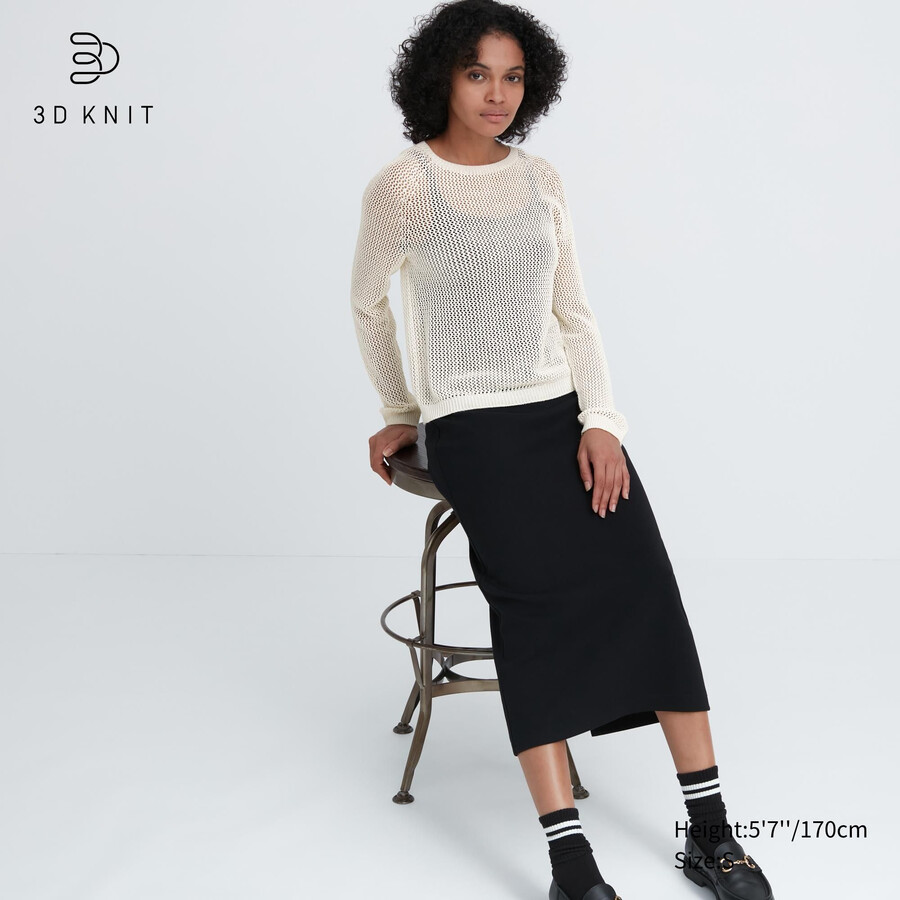 Ženski puloverji z okroglim izrezom uniqlo 3d knit brezšivni mrežasti izrez bele barve