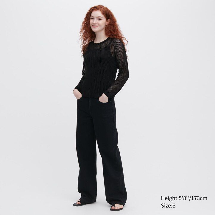 Ženski puloverji z okroglim izrezom uniqlo 3d knit brezšivni mrežasti izrez bele barve