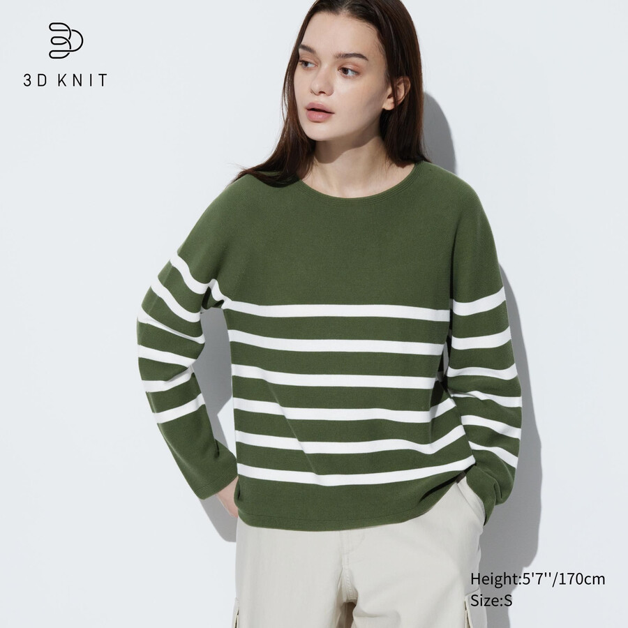 olivno pleteni brezšivni bombažno-črtasti puloverji z okroglim izrezom uniqlo 3d knit za ženske