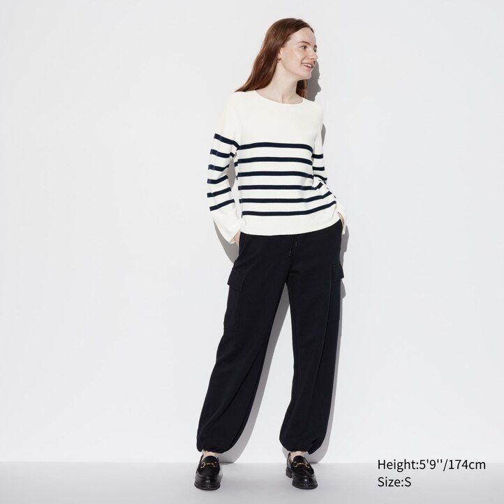 olivno pleteni brezšivni bombažno-črtasti puloverji z okroglim izrezom uniqlo 3d knit za ženske
