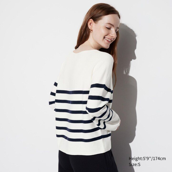 olivno pleteni brezšivni bombažno-črtasti puloverji z okroglim izrezom uniqlo 3d knit za ženske