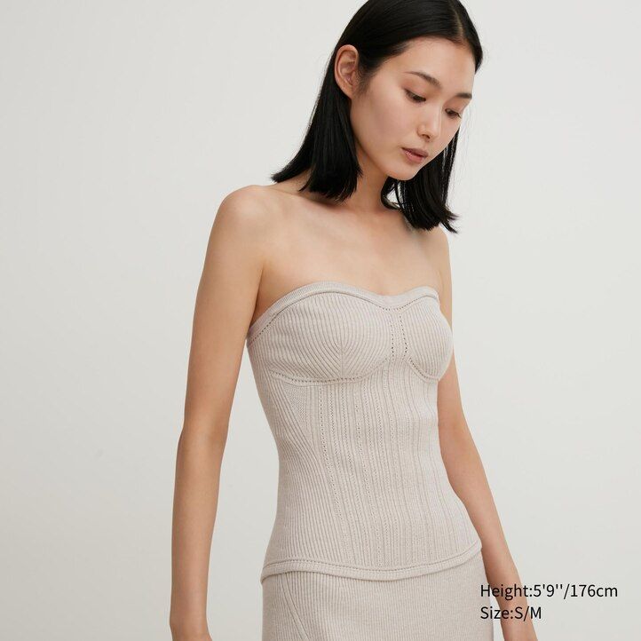bež uniqlo 3d pleteni brezšivni puloverji z rebrastim bustierjem iz preje souffle