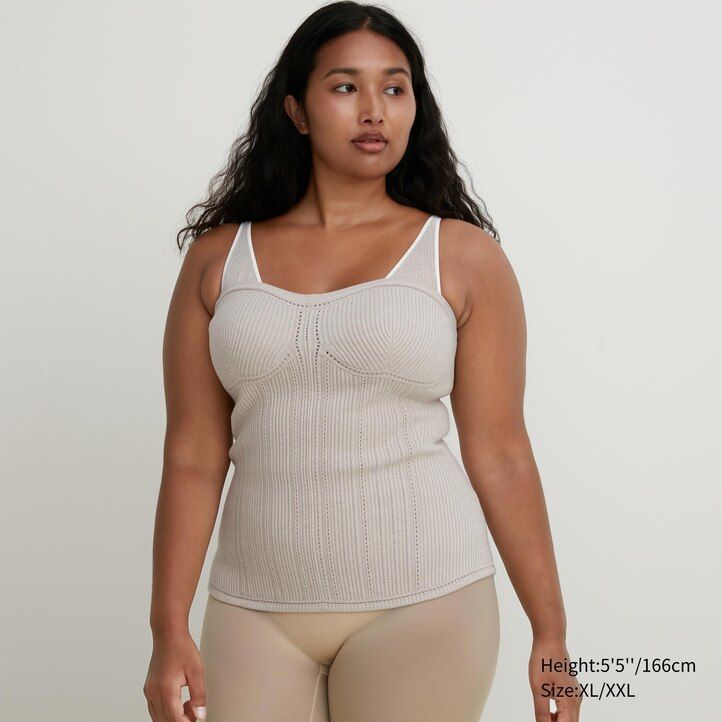 bež uniqlo 3d pleteni brezšivni puloverji z rebrastim bustierjem iz preje souffle