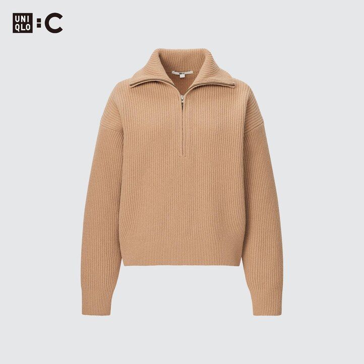 Ženski puloverji uniqlo premium iz jagnječje volne z zadrgo na pol bež barve