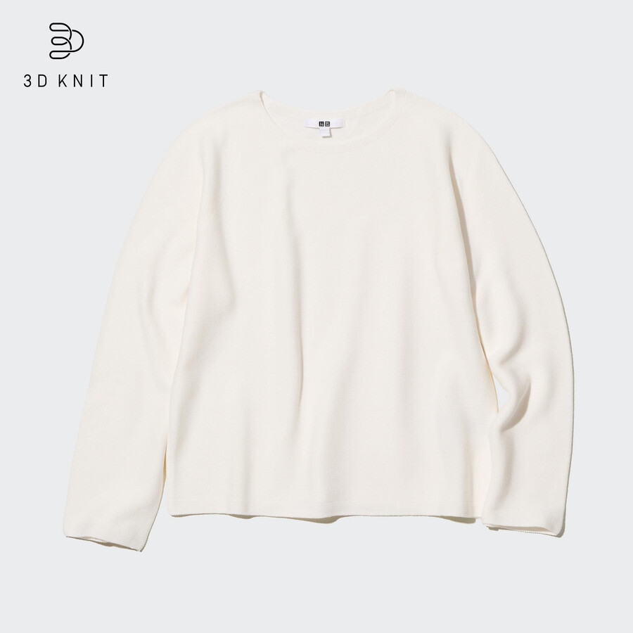 Ženski puloverji z okroglim izrezom uniqlo 3d knit brezšivni bombaž bele barve