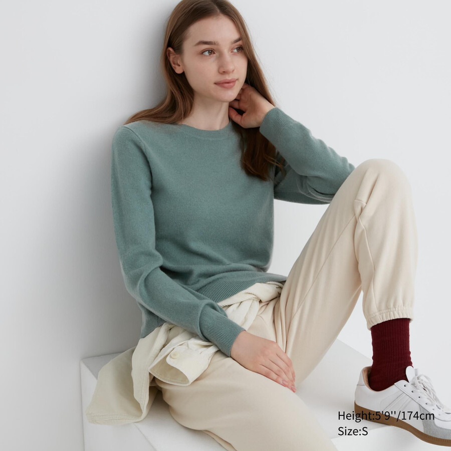 zeleni ženski puloverji z okroglim izrezom uniqlo iz 100 shmere