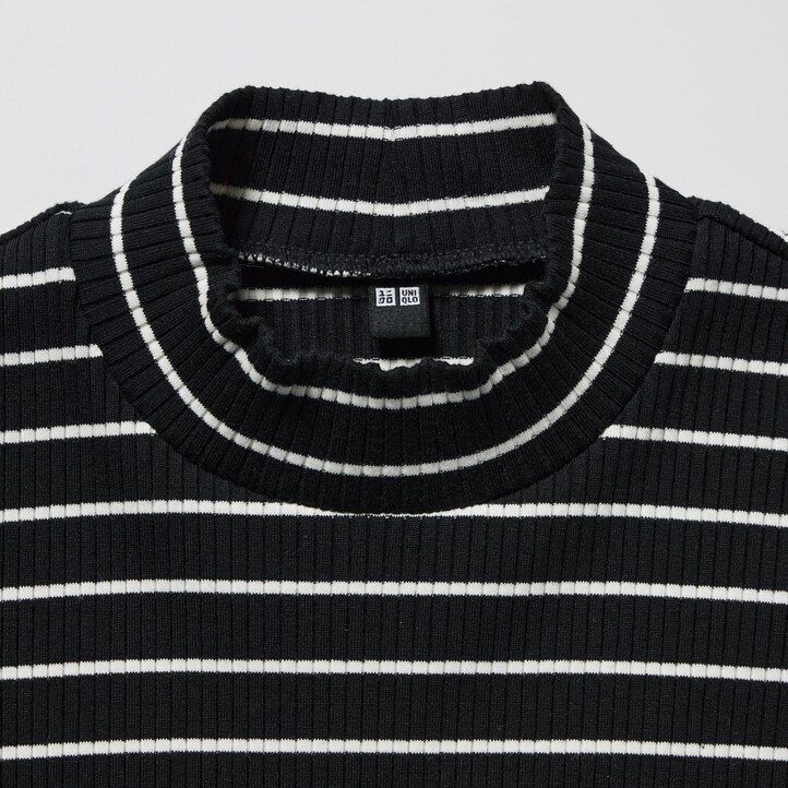 Črne ženske rebraste črtaste majice z visokim ovratnikom in rokavi uniqlo