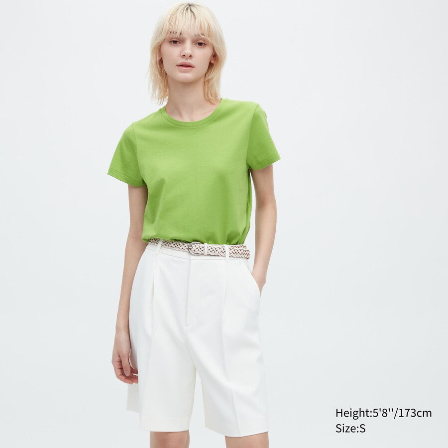 Ženske majice z okroglim izrezom in rokavi uniqlo 100pc supima cotton zelene barve