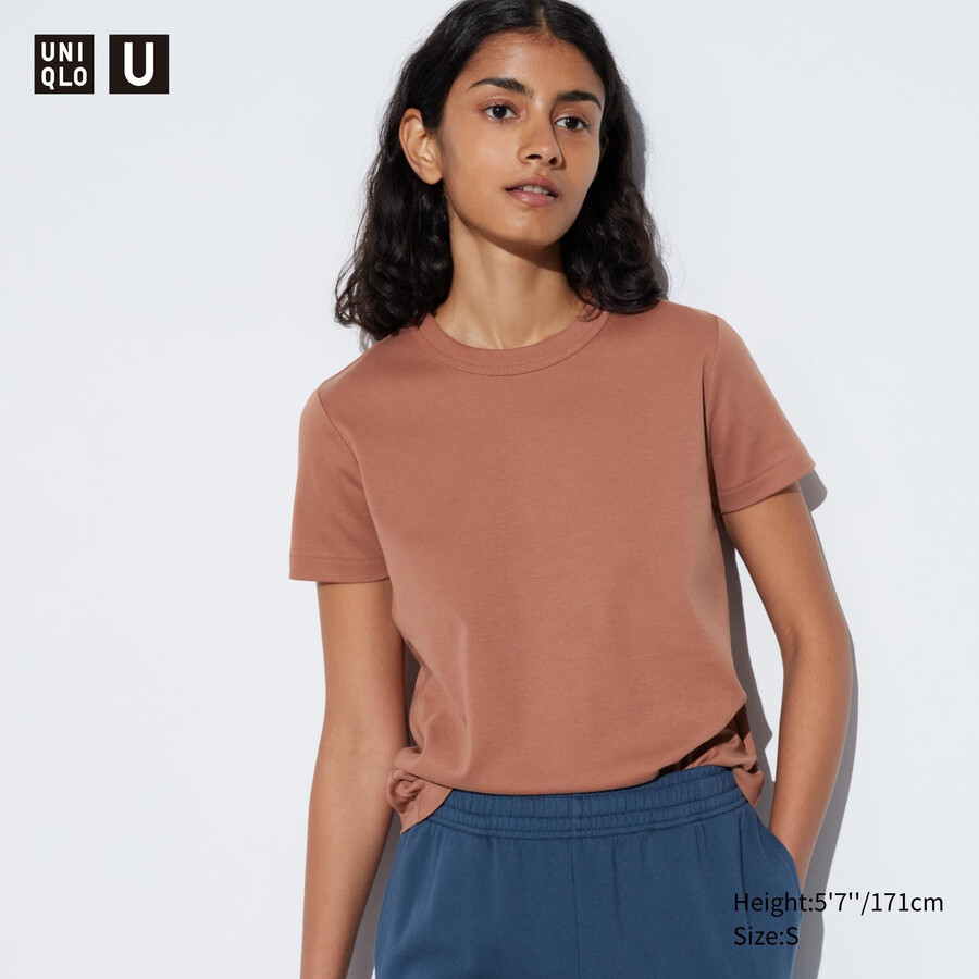 rjava majica uniqlo uniqlo z okroglim izrezom in rokavi v obliki črke u