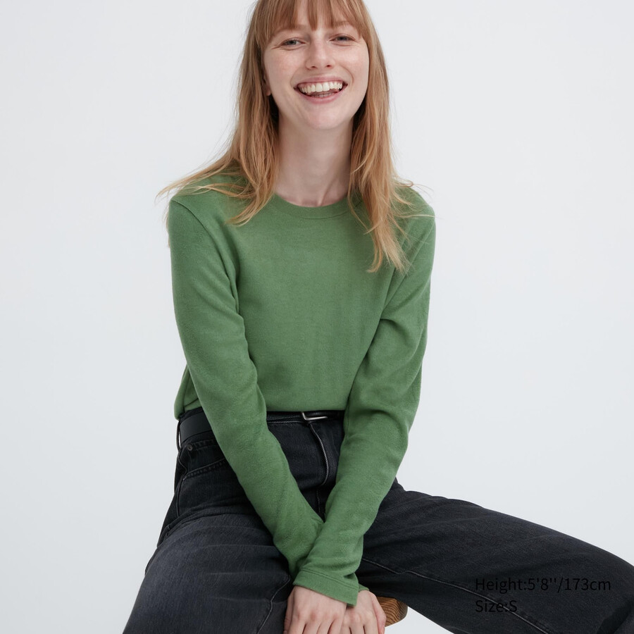 zelene ženske termo majice z okroglim izrezom in rokavi uniqlo heattech fleece