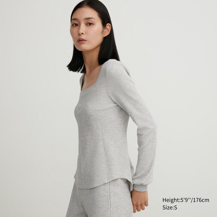 uniqlo heattech ekstra tople termo majice z vaflji in kvadratnimi rokavi ženske črne barve