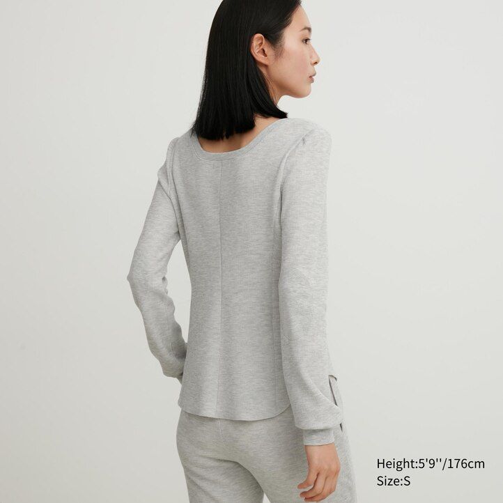 uniqlo heattech ekstra tople termo majice z vaflji in kvadratnimi rokavi ženske črne barve