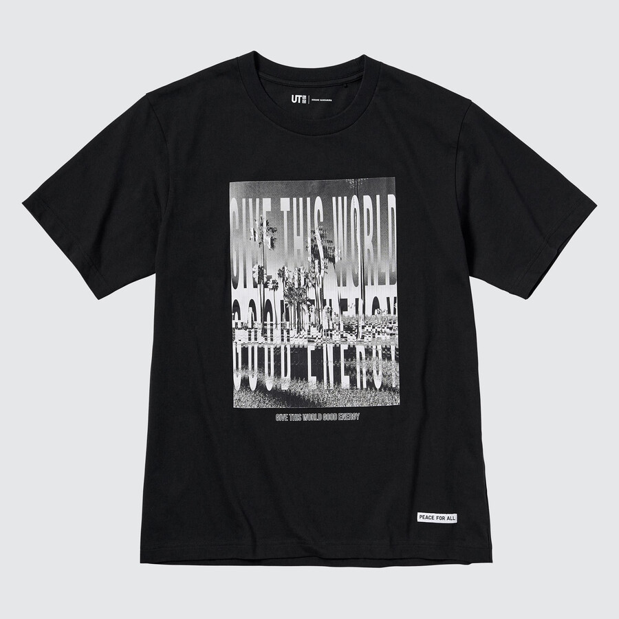 Črne ženske majice uniqlo peace for all z grafiko kosuke kawamura