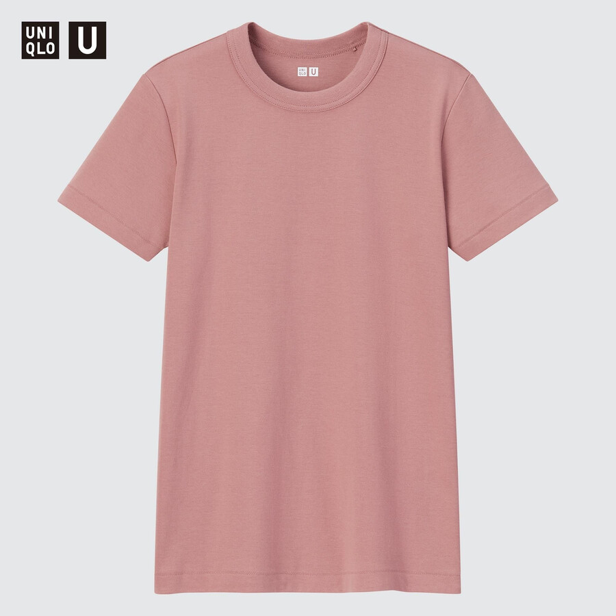 roza ženske majice z okroglim izrezom uniqlo z rokavi