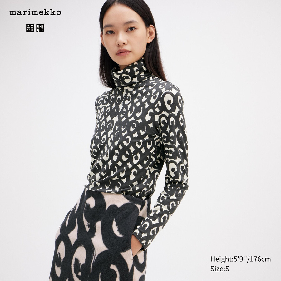 termo majice uniqlo heattech swirl print z rokavi ženske črne