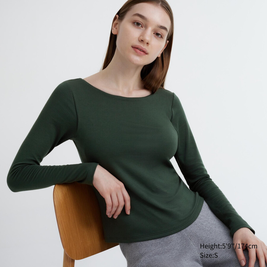 temno zelene rebraste termalne majice uniqlo heattech z okroglim izrezom in rokavi