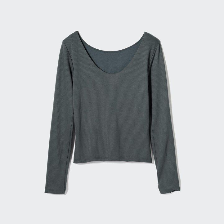 temno zelene rebraste termalne majice uniqlo heattech z okroglim izrezom in rokavi