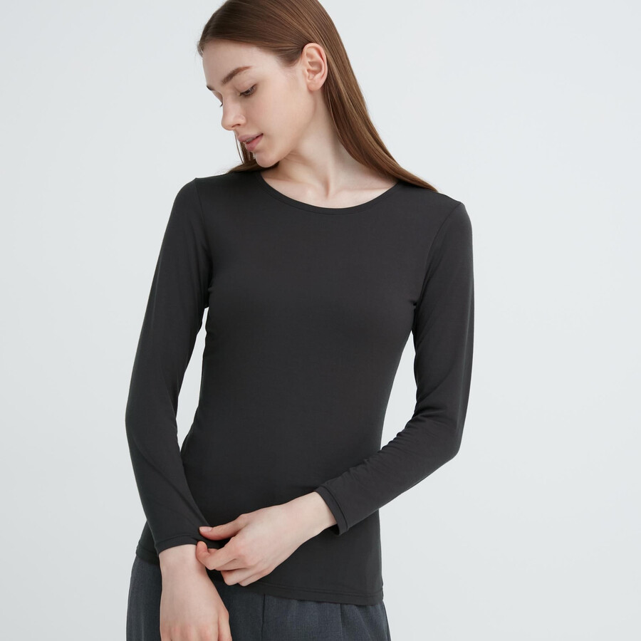 temno sive ženske termo majice z okroglim izrezom in rokavi uniqlo heattech
