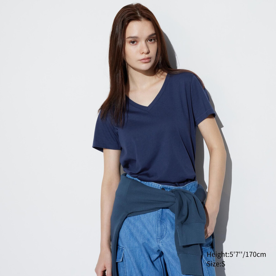 modre ženske majice z rokavi in izrezom v obliki črke uniqlo 100pc supima cotton