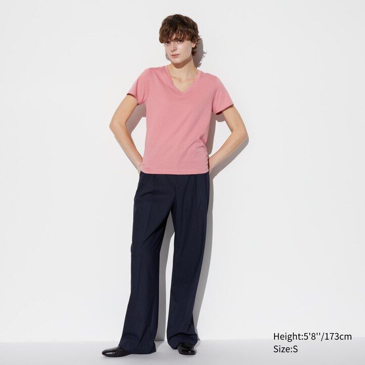 modre ženske majice z rokavi in izrezom v obliki črke uniqlo 100pc supima cotton