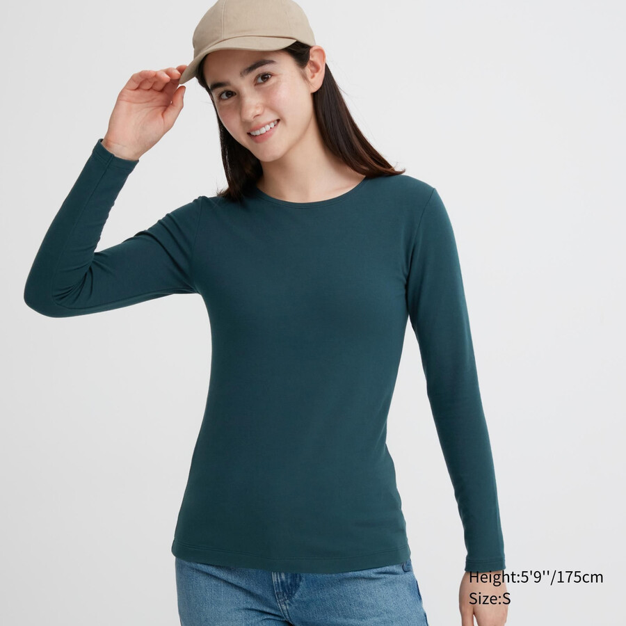 temno zelene termo majice uniqlo heattech extra warm cotton z okroglim izrezom in rokavi