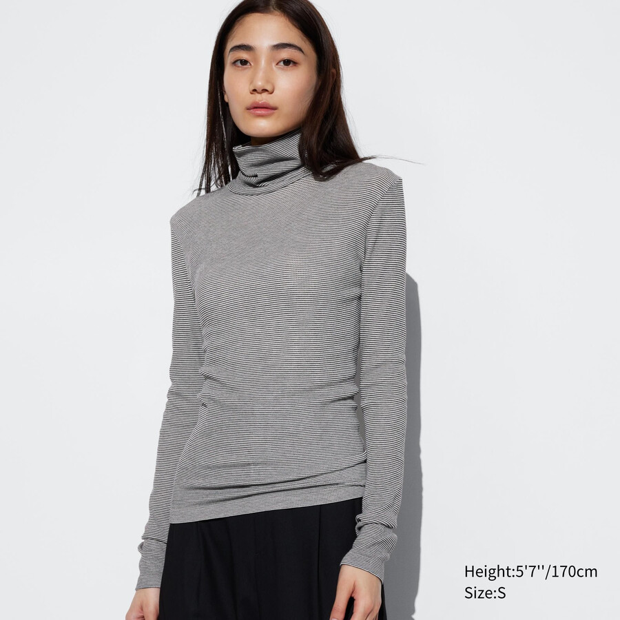 bele termo majice uniqlo heattech extra warm brezšivne rebraste črtaste rokave za ženske