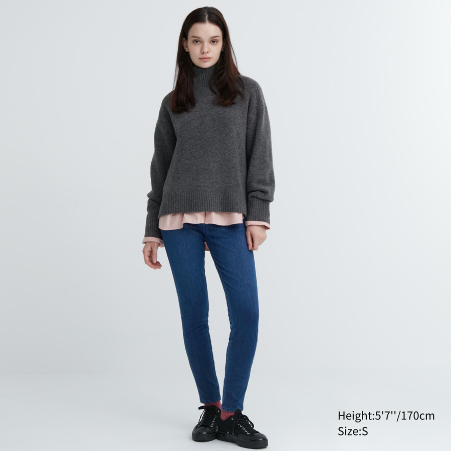 modri ženski uniqlo heattech ultra raztegljivi jeans topi z visokim pasom